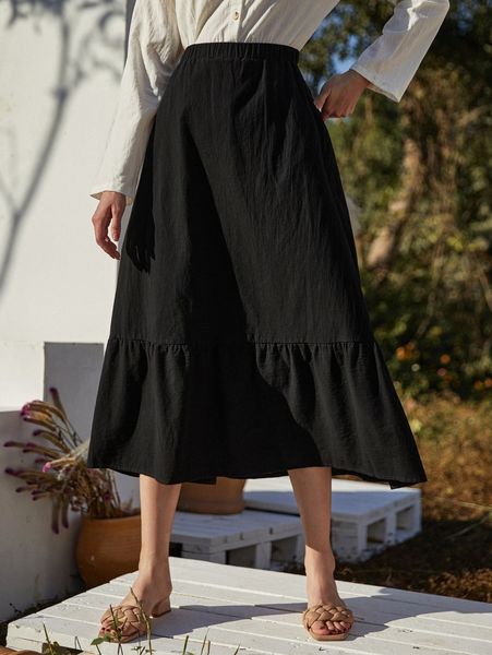 

high waist ruffle hem skirt b1tm#, Black