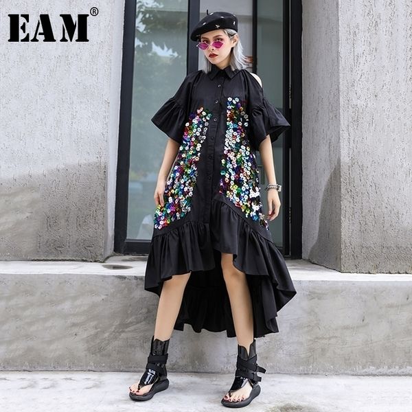 

eam women black sequins ruffles back long shirt dress lapel half sleeve loose fit fashion spring summer 1s889 y200805, Black;pink