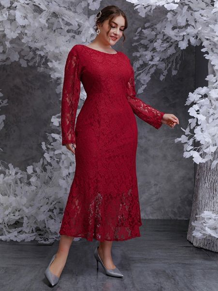 

plus mermaid hem lace dress p4ng#, Black