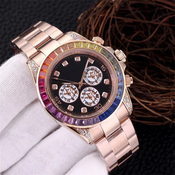 Orologi meccanici automatici da uomo di lusso Orologi da polso da nuoto con lunetta in diamanti arcobaleno da 40 mm in acciaio inossidabile pieno, super luminoso