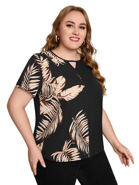 

emery rose plus tropical print keyhole neckline blouse d72z#, Black
