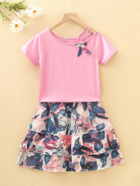 

girls floral print asymmetrical neck tee & layered hem skirt she, White
