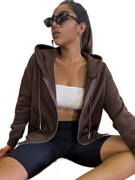 

kangaroo pocket drop shoulder zip-up hooded sweatshirt l3zw#, Black