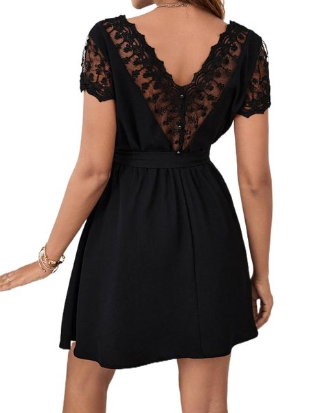 

contrast lace v neck a-line dress 37pz#, Black;gray