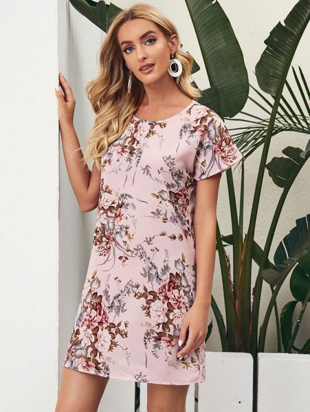

batwing sleeve floral print tunic dress r9pf#, Black;gray