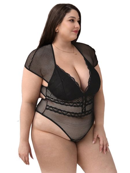 

plus mesh contrast lace backless teddy bodysuit o7pb#, Black;white