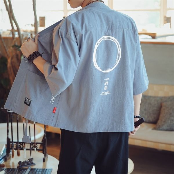 

summer chinese style cotton linen kimono jacket for men thin sunscreen clothes kimono coat half sleeve outerwear t200502, Black;brown