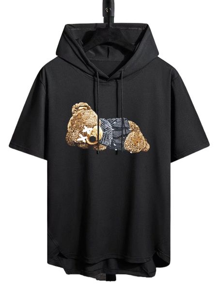 

men bear print drawstring hooded tee s9yp#, White;black