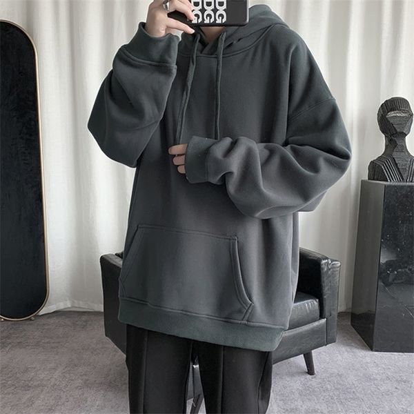 

hybskr korean men's solid color sweatshirt hoodies casual hooded pullovers hoodie warm fleece male loose man clothing 3xl 220325, Black