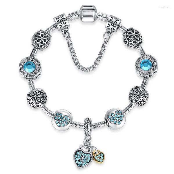 Очаровательные браслеты серебряный для женщин синий цветочный сердечный сердечный