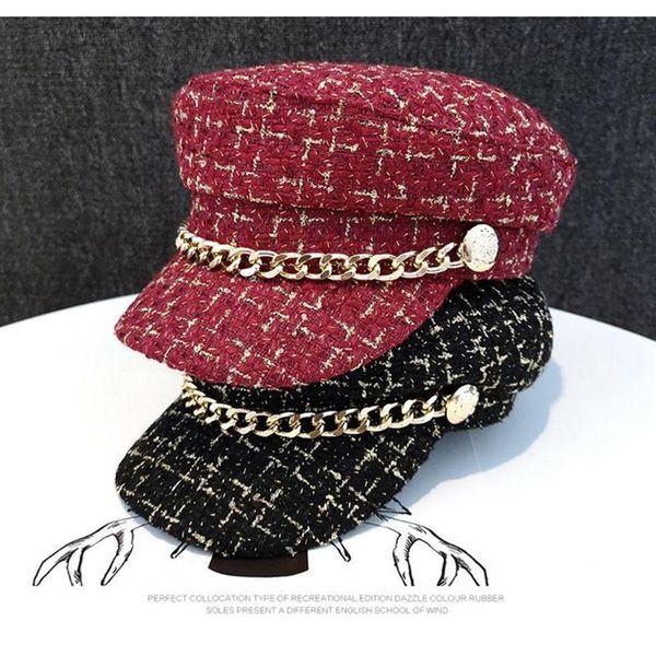 

2020 women vintage metal chain tweed hat winter retro hat flat berets warm hats female plaid youth cap dxaa230r, Blue;gray