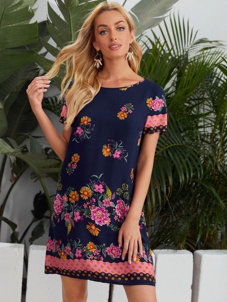 

floral print tunic dress p8ug#, Black;gray