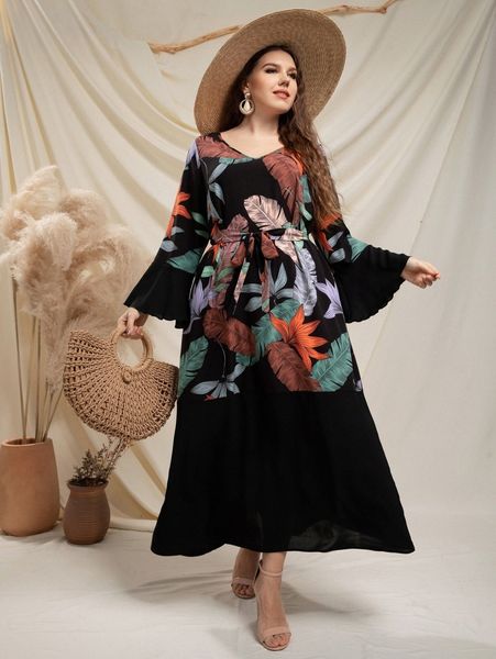 

plus tropical print flounce sleeve ruffle hem belted dress i2pw#, Black