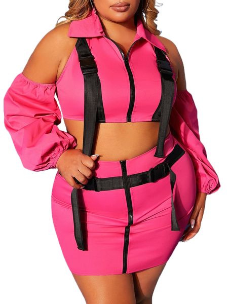 

sxy plus cold shoulder zip up jacket & bodycon skirt x78k#, Black