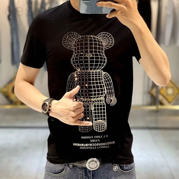 

men's t-shirts designer short sleeved t-shirt men's fashion 2022 summer trend slim fit bear heavy craft drill mesh red round neck, White;black