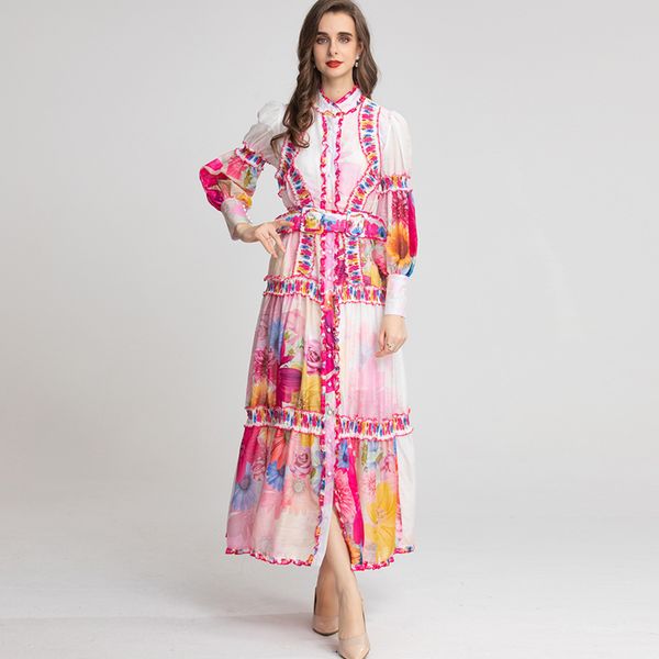 

women's runway dress o neck long sleeves printed ruffles a line loose fashion mid vestidos, Black