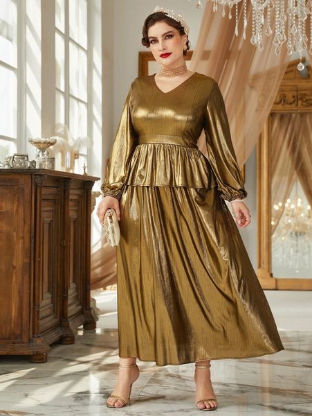 

plus lantern sleeve peplum waist metallic dress s992#, Black