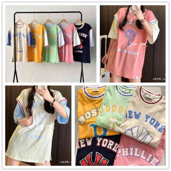 

women's t-shirt mlb summer men's and women's round neck loose casual leave two letters ny short sleeve t-shirt korea fashion, White