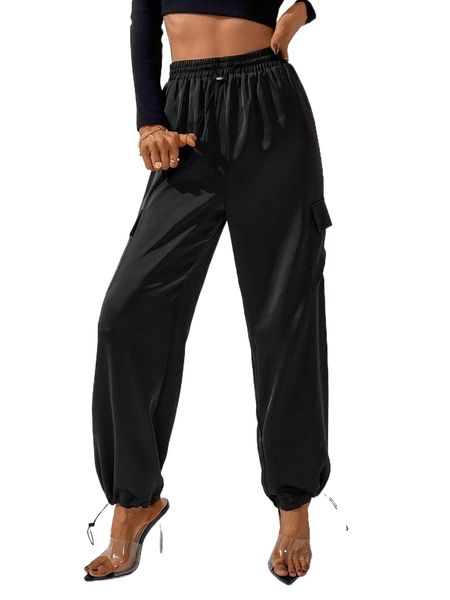 

solid flap pocket cargo pants l45r#, Black;white