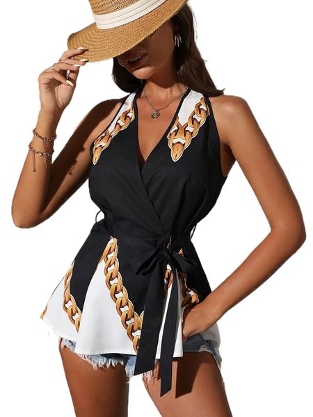 

chain print tie back halterneck belted blouse r4aj#, White