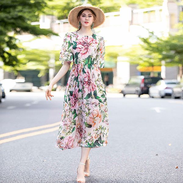 

casual dresses designer summer new skirt printing temperament elegant medium sleeve long chiffon large swing holiday dress women's wear, Black;gray