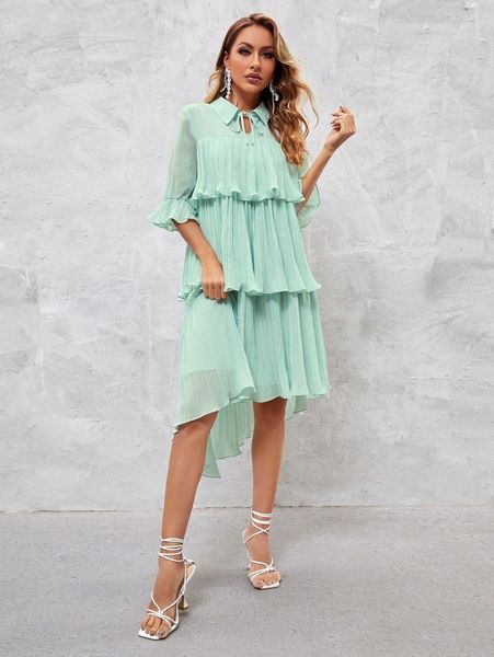 

x lili pan solid flounce sleeve layered dress 41al#, Black;gray