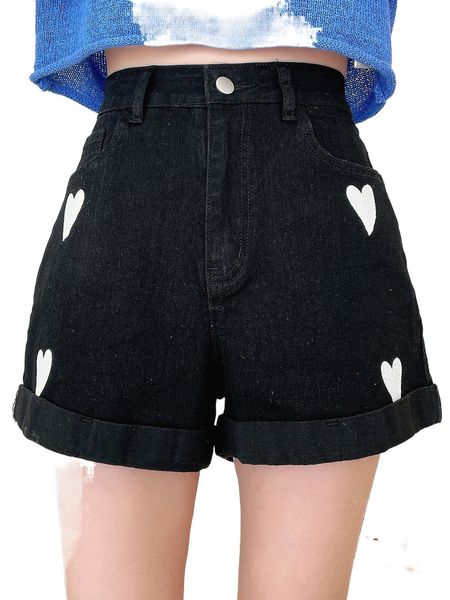 

dazy heart pattern high waist denim shorts 23ld#, White;black