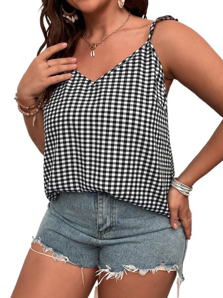 

plus gingham ruffle straps 08uz#, Black