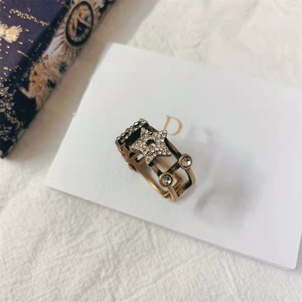 

letter full diamond opening ring female old star pair ring, Silver