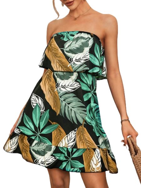 

tropical print ruffle hem tube dress 07z4#, Black;gray