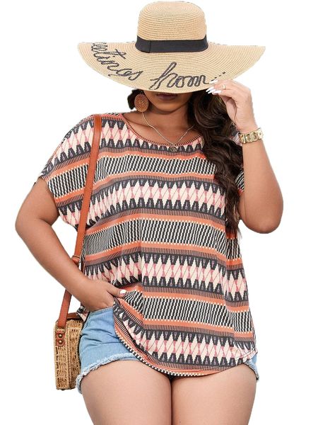 

plus geo print batwing sleeve tee j46z#, Black