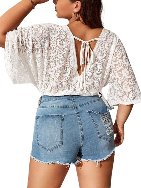 

plus lace panel tie back batwing sleeve bodysuit without bra 71rg#, Black