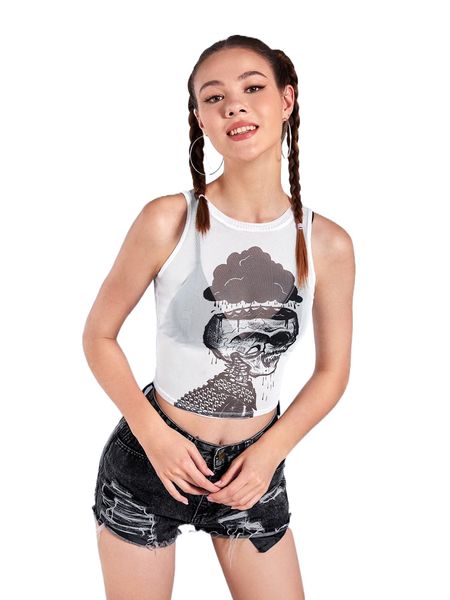

x robin skeleton print mesh tank p6s8#, White
