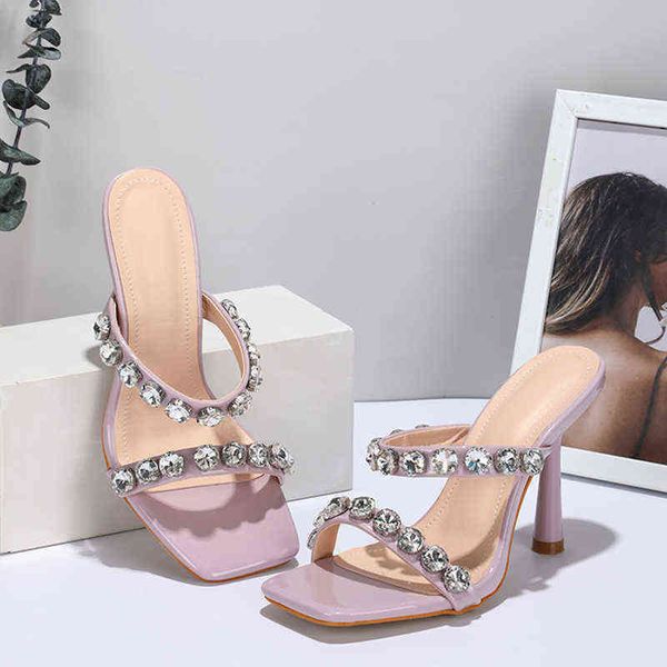 

thin high heels big size rhinestones square toe ladies rubber sandals fashion new 2022 slides female shoes outside women pumps 220520, Black