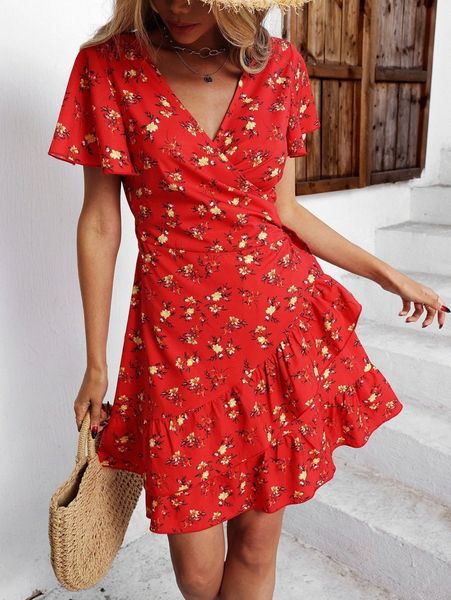 

floral print butterfly sleeve knot side ruffle wrap dress e328#, Black;gray