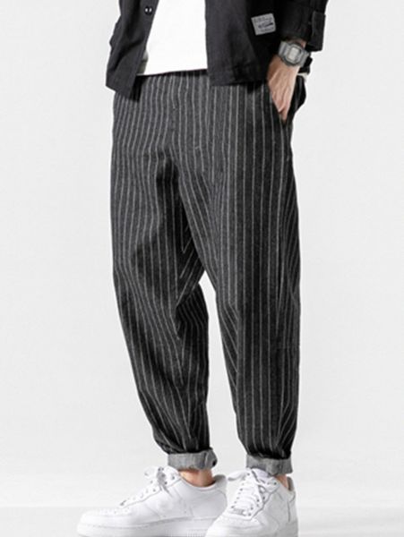 

men vertical striped tapered pants t054#, Black