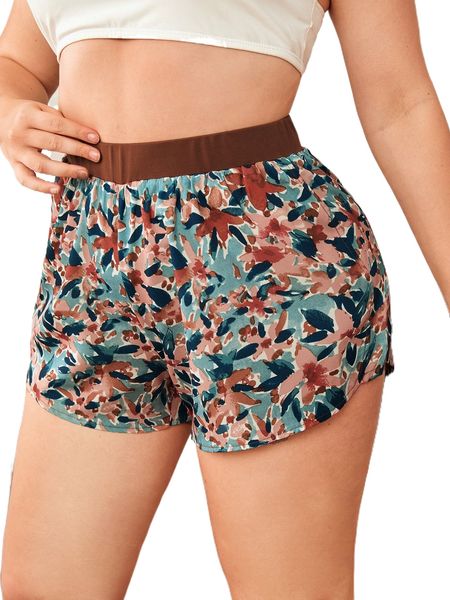

plus lightweight floral print sports shorts d43e#, Black