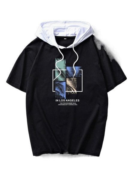 

men slogan & tropical print drawstring hooded tee k6xf#, White;black