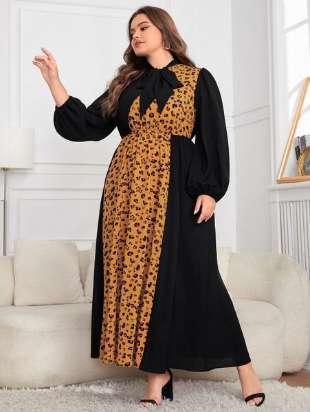 

plus leopard print tie neck lantern sleeve dress 288w#, Black