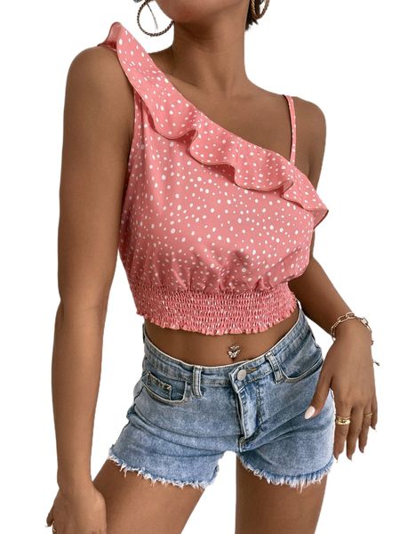 

allover print frill trim shirred waist crop blouse e1jm#, White