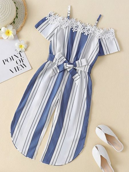 

toddler girls vertical striped appliques cold shoulder jumpsuit she, Blue