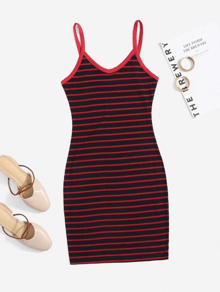 

striped rib-knit bodycon dress w8dp#, Black;gray