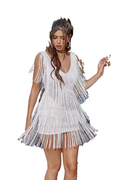 

d& v neck fringe trim dress 33dl#, Black;gray