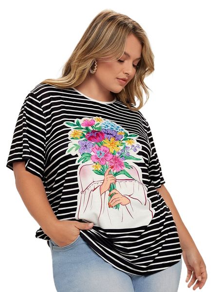 

plus floral & striped print tee o3g9#, Black