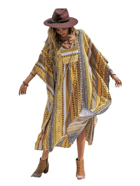 

rusttydustty floral print tie neck batwing sleeve dress u3ia#, Black;gray