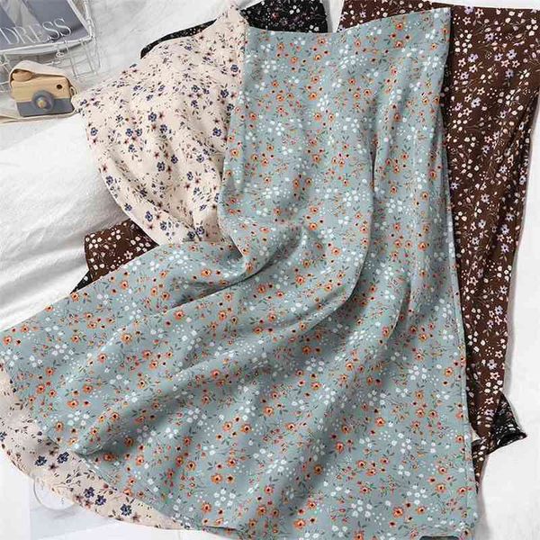 

fashion summer chiffon beach print skirt allmatch high waist sweet floral skirt for womens korean midi long vintage skirt 210325, Black