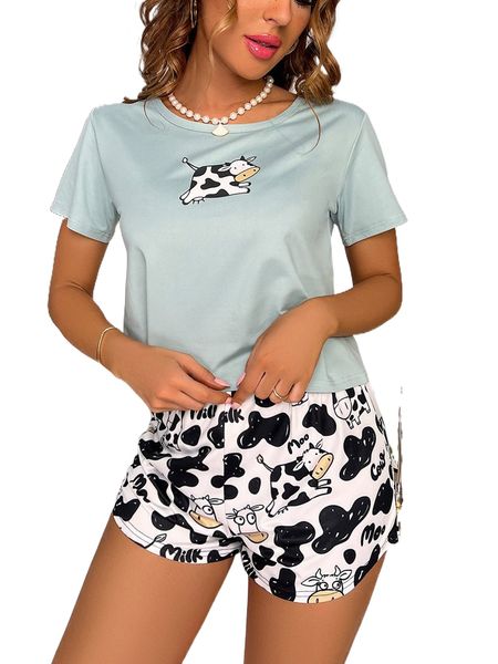 

cow print tee & shorts pj set h4ac#, Black;red