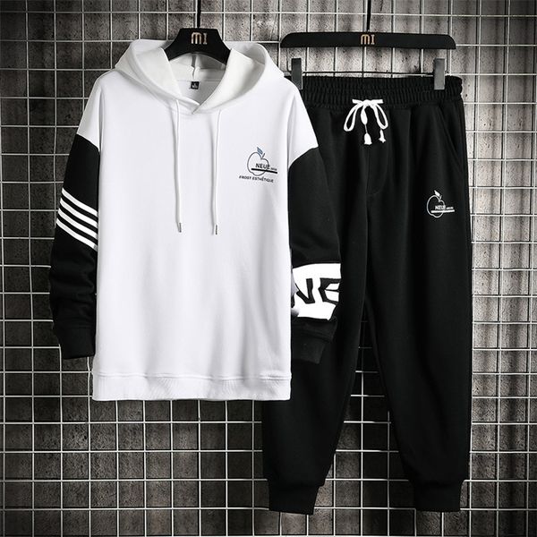 

hooded sweater set autumn winter korean fashion brand loose fashion casual sports print two piece mens set 220809, Gray