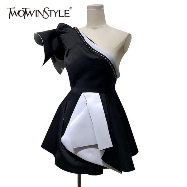 

asymmetrical patchwork ruffle dress for women skew collar short sleeve high waist hit color dresses female fashion 210423, Black;gray