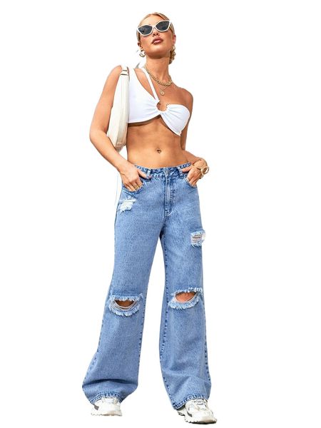 

cut out ripped wide leg jeans y5op#, Blue